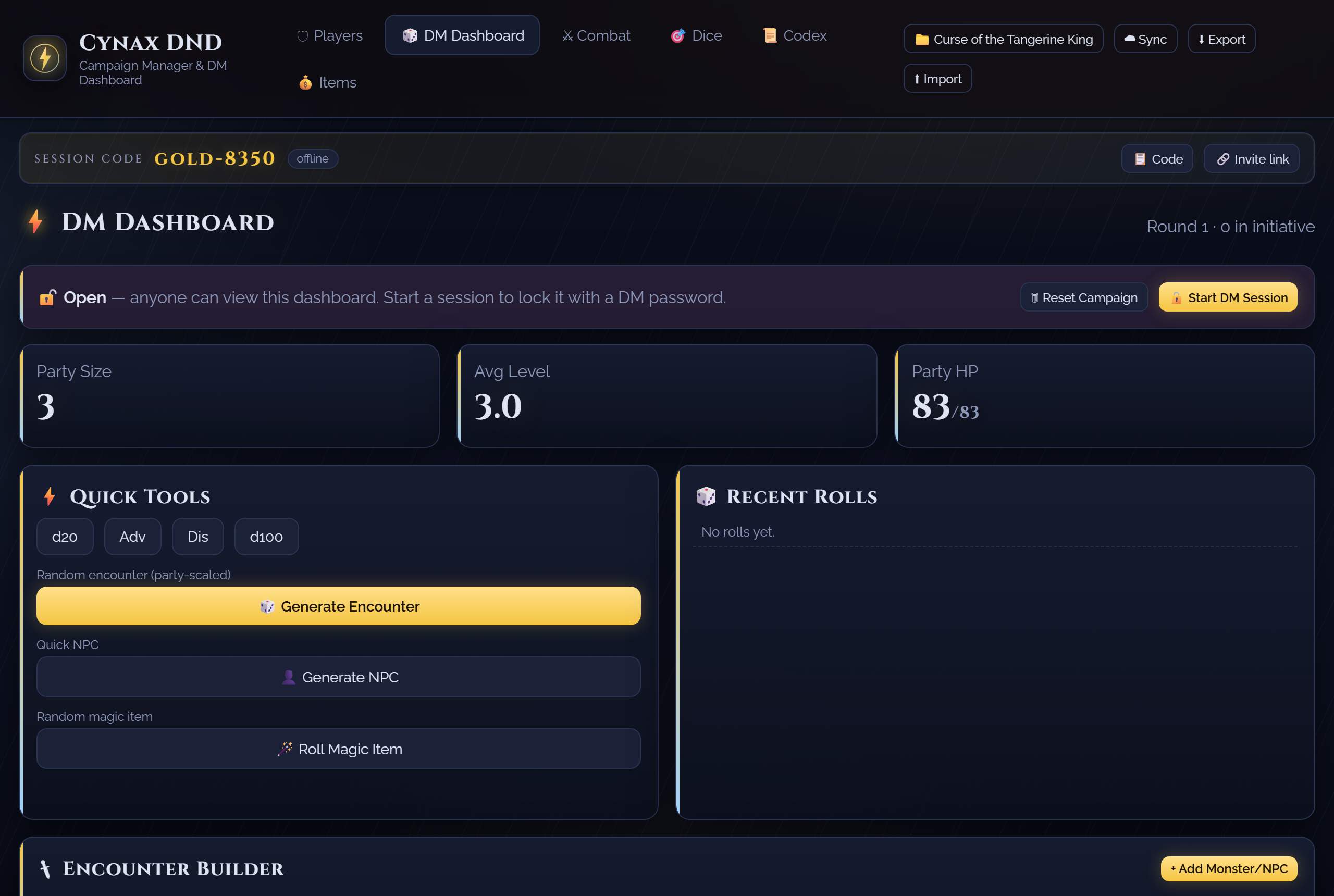 Initiative — DM dashboard — live view of the full party during a session