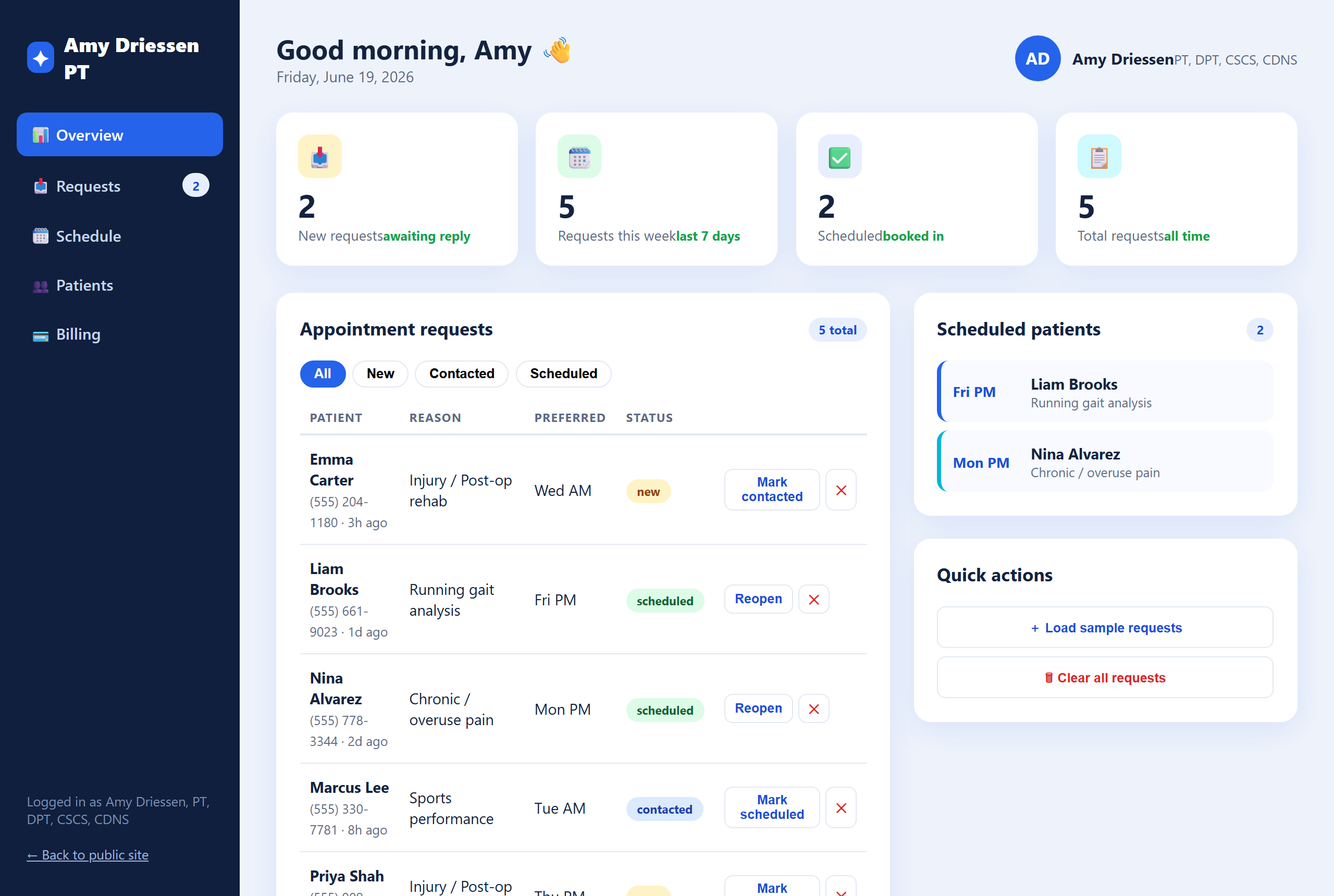 Revive PT — Amy's admin dashboard — requests & schedule